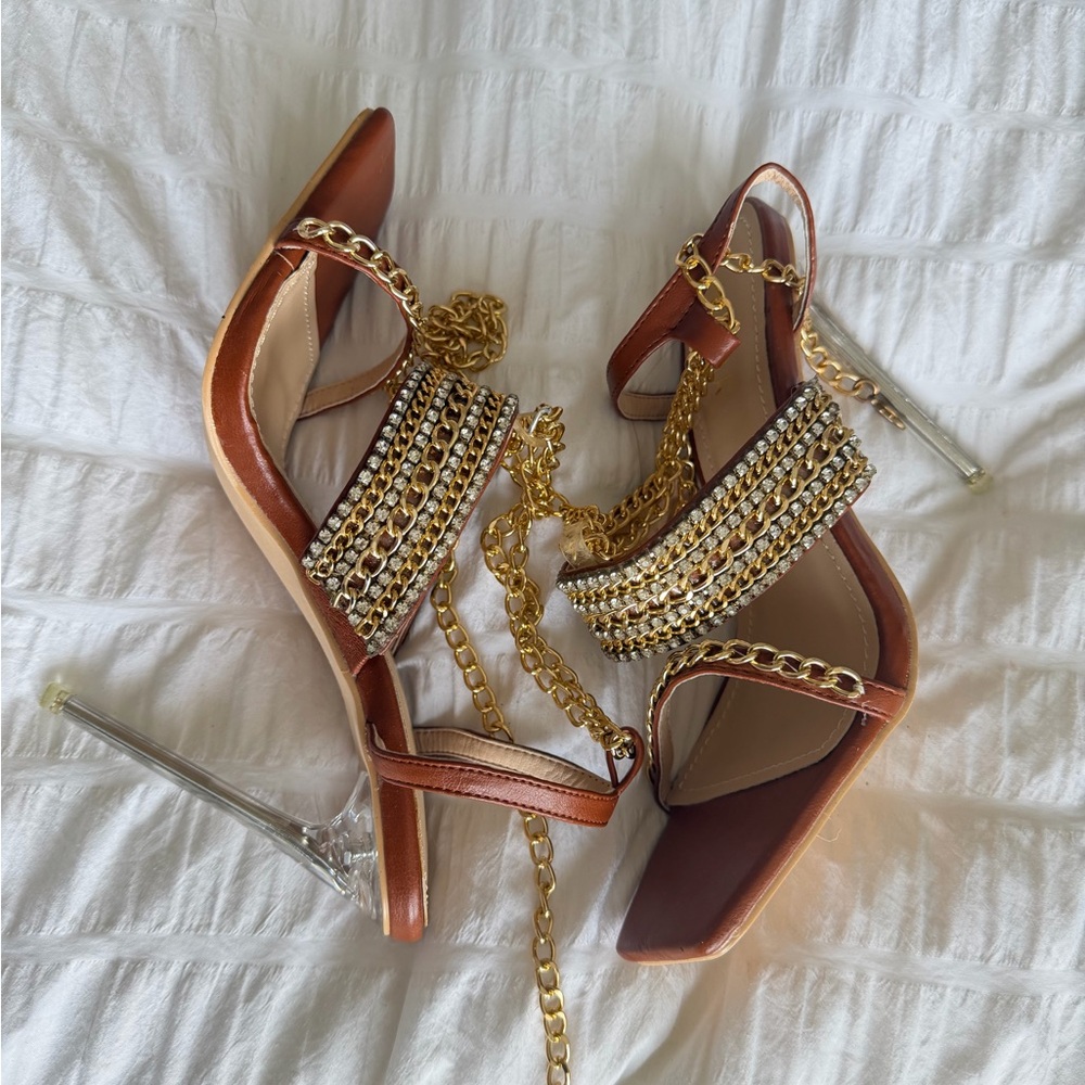 Brown Chain-Embellished Women’s Heel Sandals